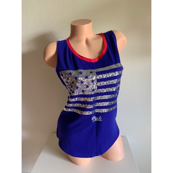 Victoria’s Secret PINK American Flag Tank Top Tee Star Stripe Sequin Bling XS - Picture 1 of 6